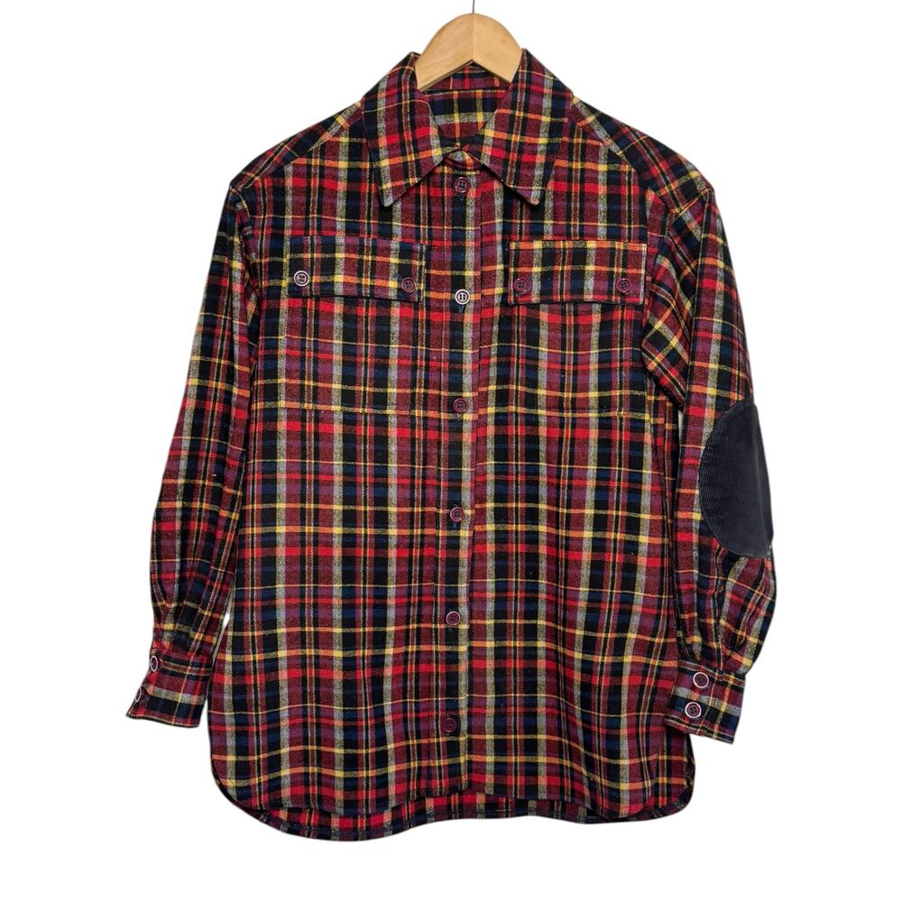 1970's Women's 100% Wool Plaid Button Up Shirt Made In Colombia Elbow Patches